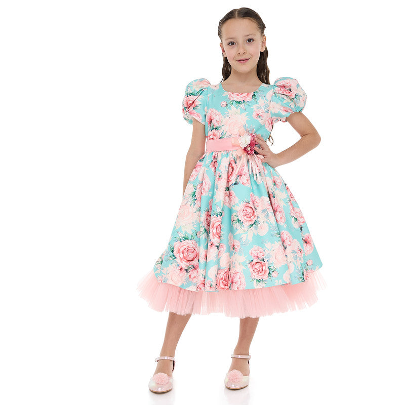 Victor And Jane Floral Satin Dress With Mesh Edge