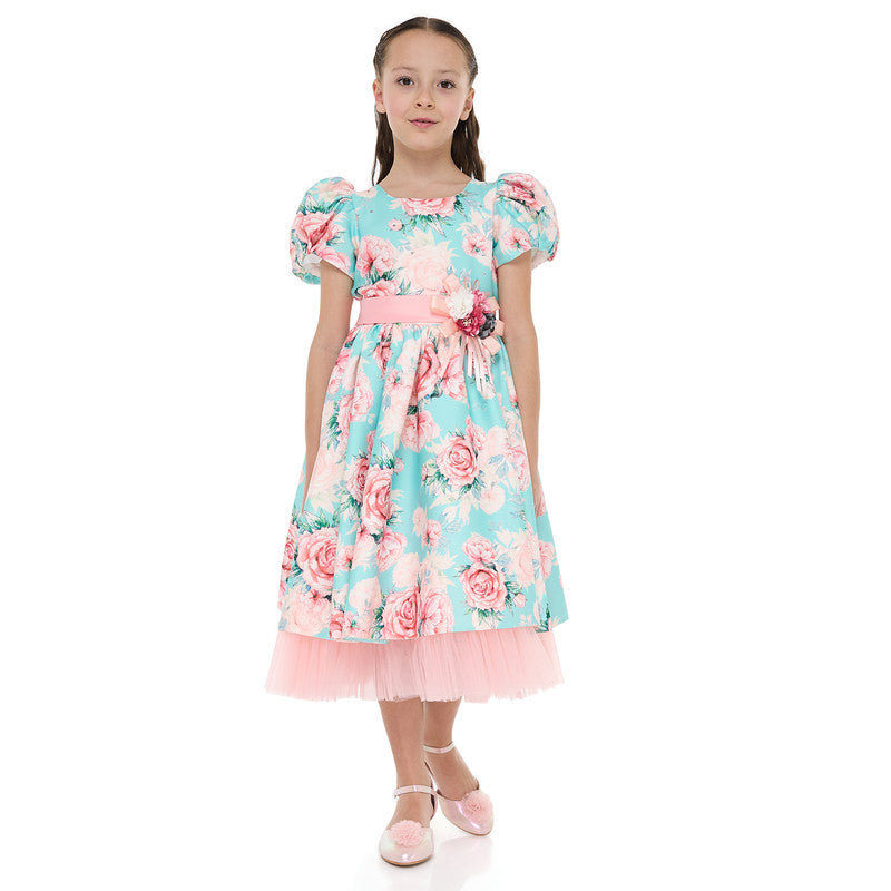 Victor And Jane Floral Satin Dress With Mesh Edge