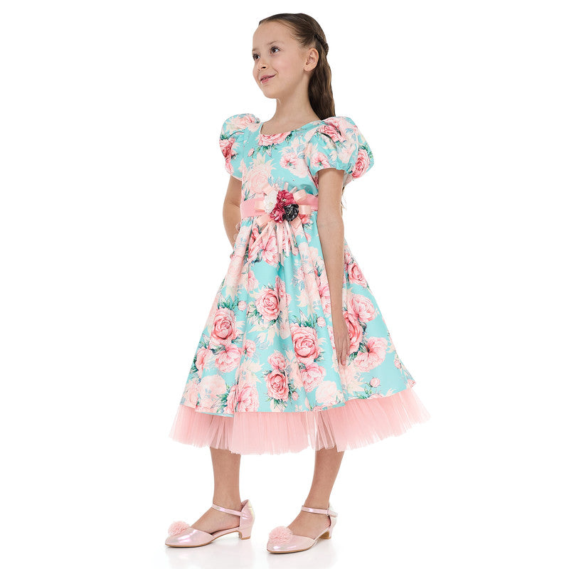 Victor And Jane Floral Satin Dress With Mesh Edge