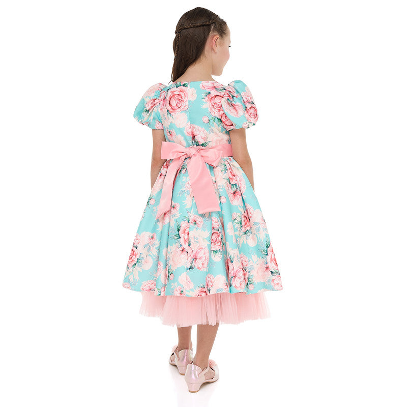 Victor And Jane Floral Satin Dress With Mesh Edge