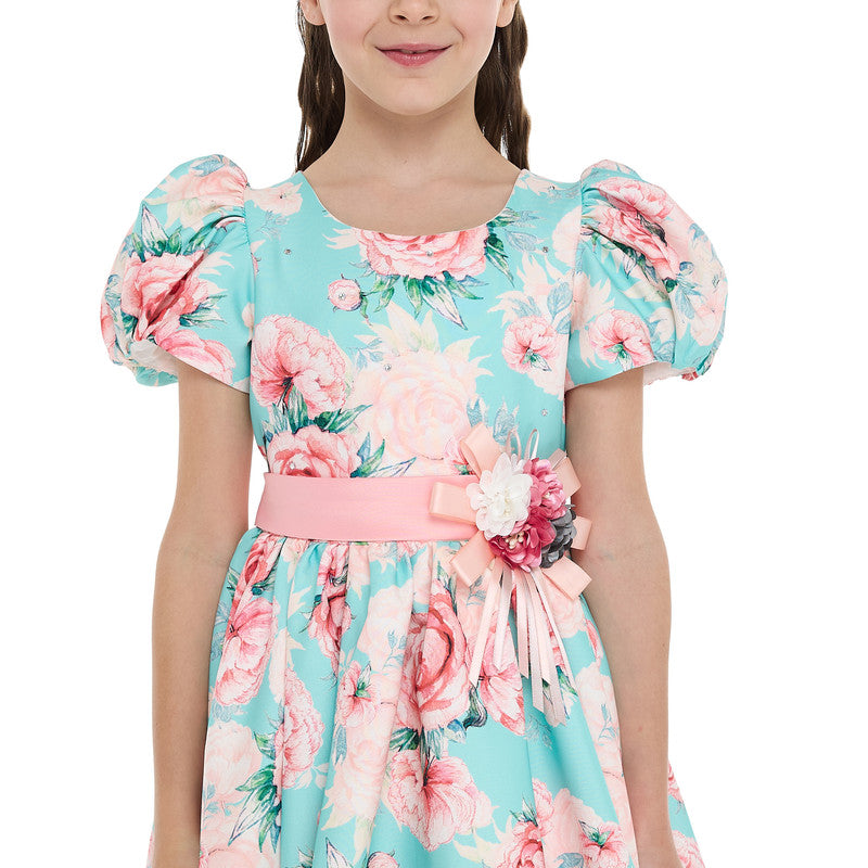Victor And Jane Floral Satin Dress With Mesh Edge
