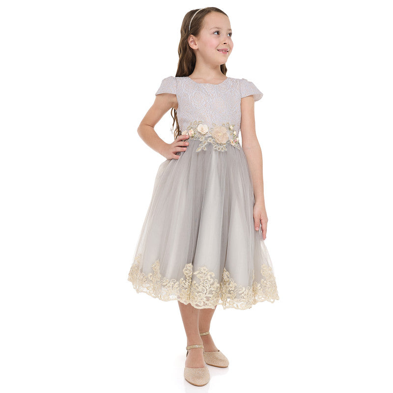 Grey/Gold Jacquard And Tulle Dress With Lace