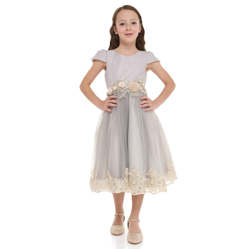 Grey/Gold Jacquard And Tulle Dress With Lace