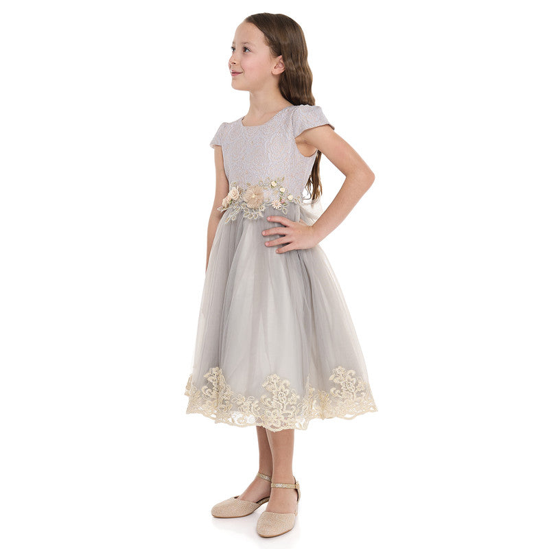 Grey/Gold Jacquard And Tulle Dress With Lace