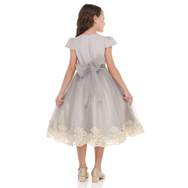 Grey/Gold Jacquard And Tulle Dress With Lace
