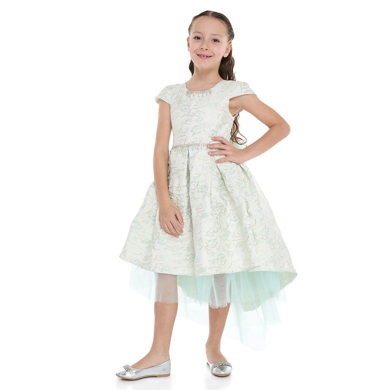 Mint Green/Gold Jacquard High Low Tail Dress With Tulle Mesh