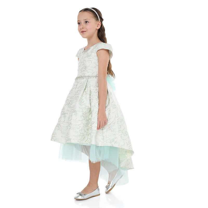 Mint Green/Gold Jacquard High Low Tail Dress With Tulle Mesh