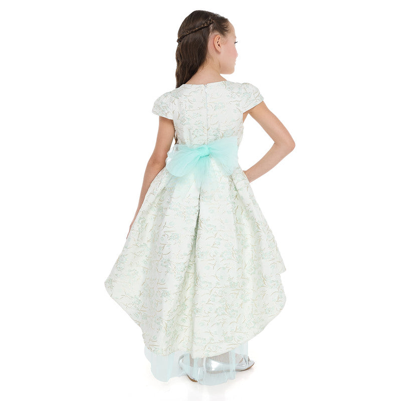 Mint Green/Gold Jacquard High Low Tail Dress With Tulle Mesh