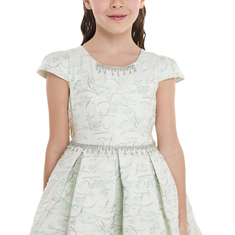 Mint Green/Gold Jacquard High Low Tail Dress With Tulle Mesh