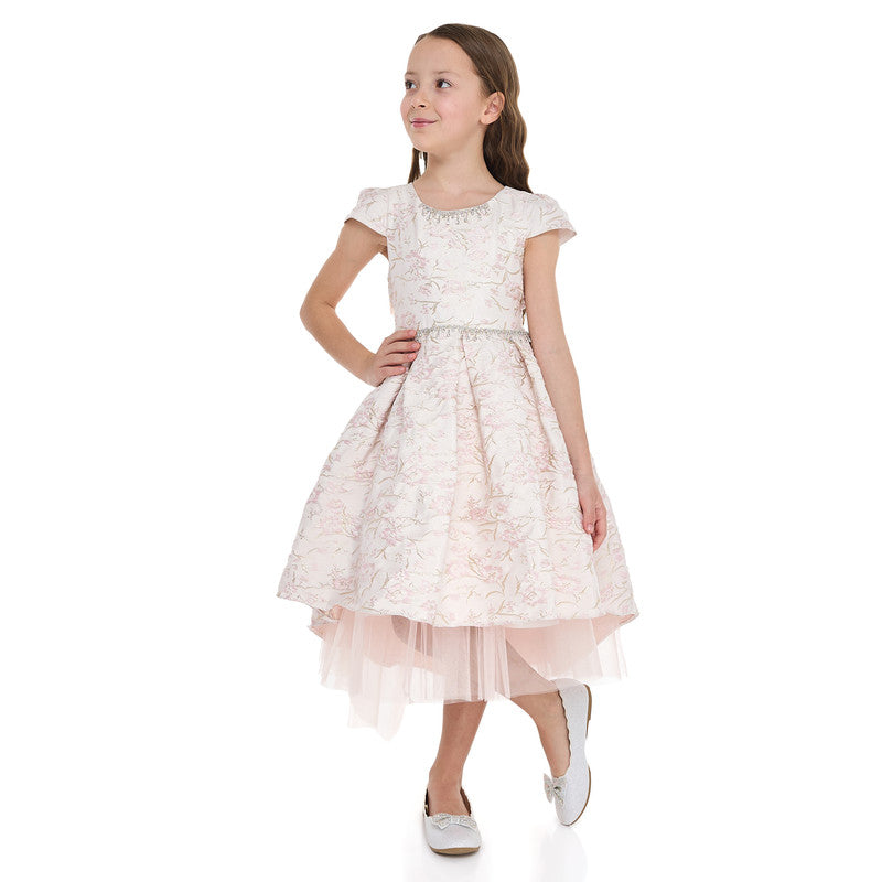 Pink/Gold Jacquard High Low Tail Dress With Tulle Mesh