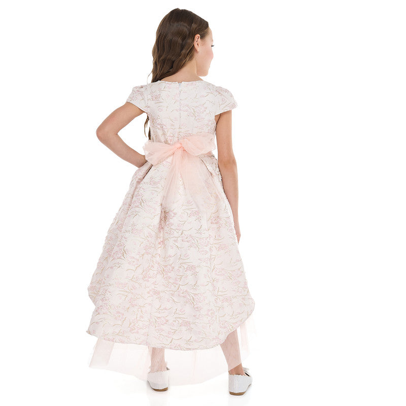 Pink/Gold Jacquard High Low Tail Dress With Tulle Mesh