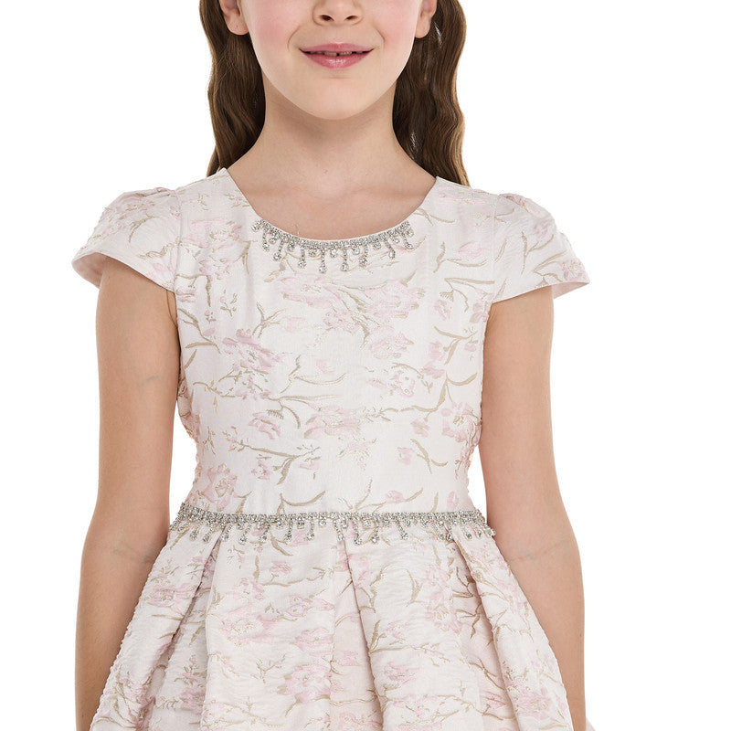 Pink/Gold Jacquard High Low Tail Dress With Tulle Mesh