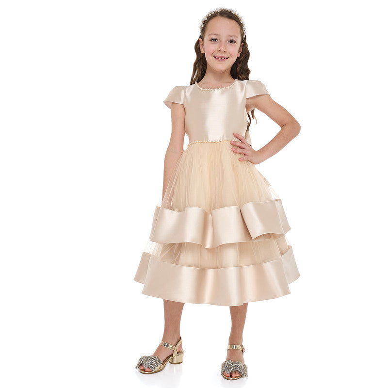 Chic Champagne Satin  Party Dress With Mesh & Decoration