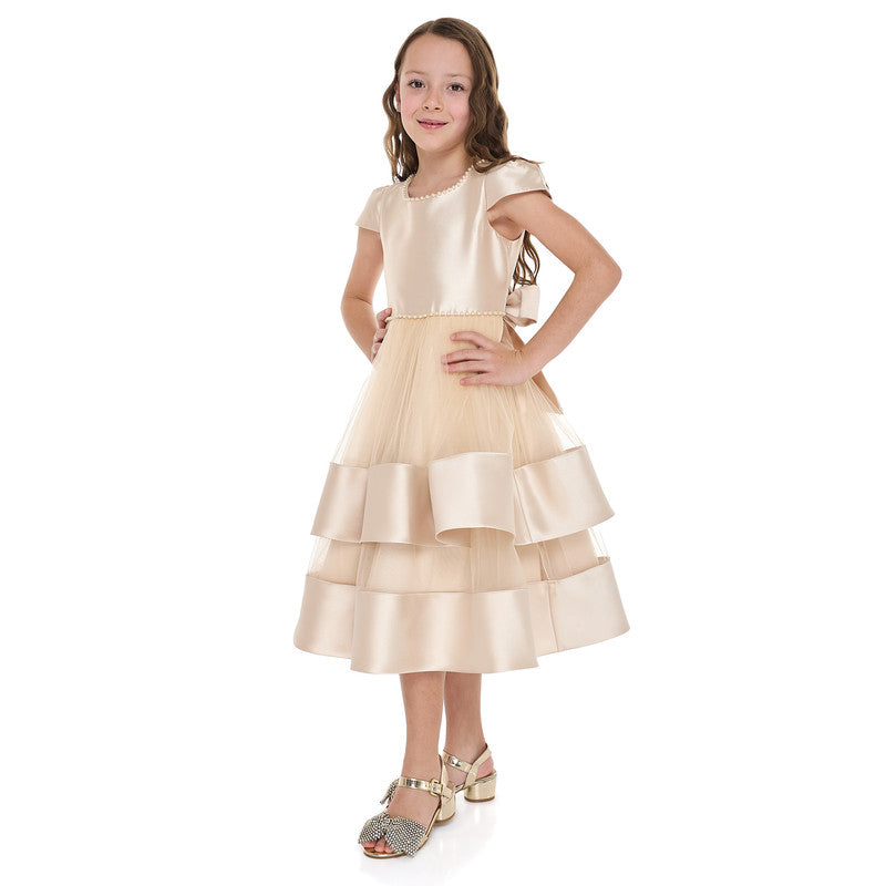 Chic Champagne Satin  Party Dress With Mesh & Decoration
