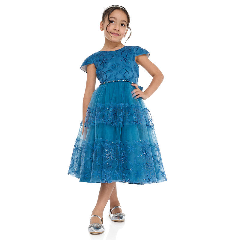 Elegant Blue Tulle Dress With Lace And Sequins