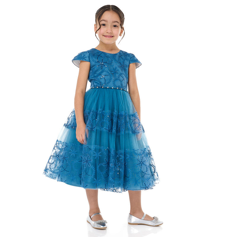 Elegant Blue Tulle Dress With Lace And Sequins