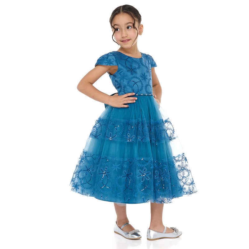 Elegant Blue Tulle Dress With Lace And Sequins