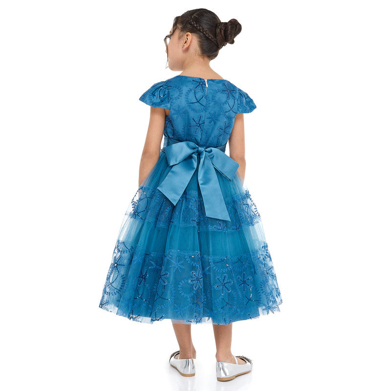 Elegant Blue Tulle Dress With Lace And Sequins