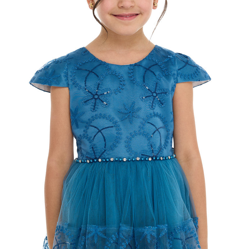 Elegant Blue Tulle Dress With Lace And Sequins