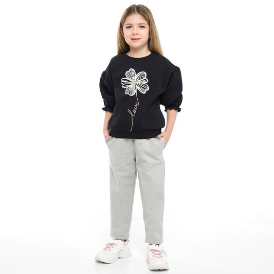 Girls Love Flower Fleece Tracksuit – Black & Grey 2-Piece Set