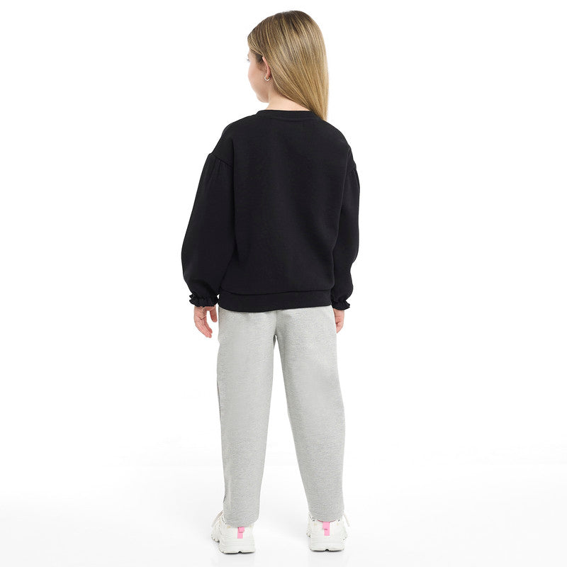 Girls Love Flower Fleece Tracksuit – Black & Grey 2-Piece Set