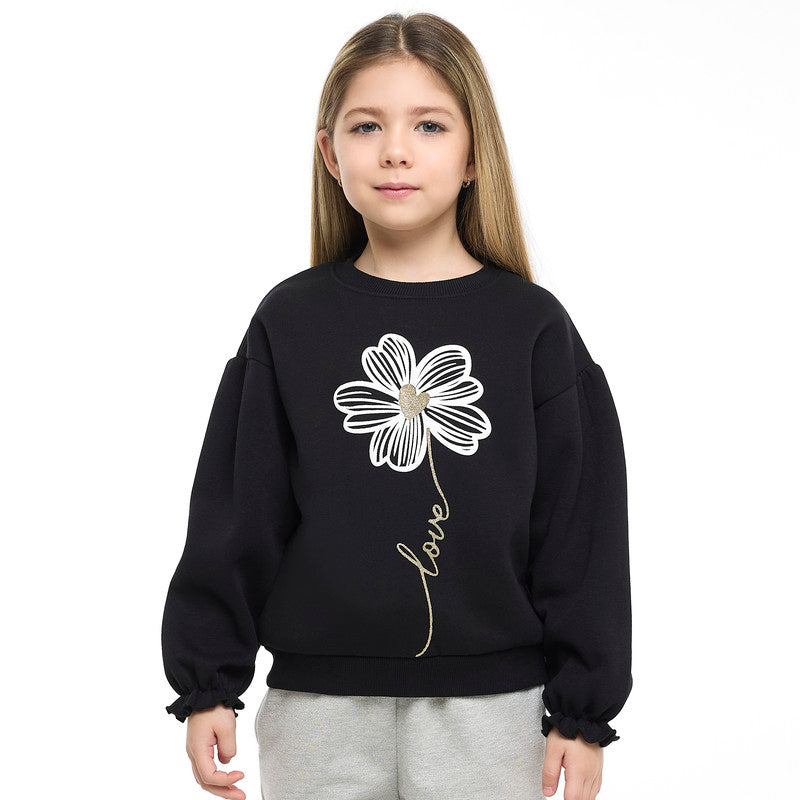 Girls Love Flower Fleece Tracksuit – Black & Grey 2-Piece Set