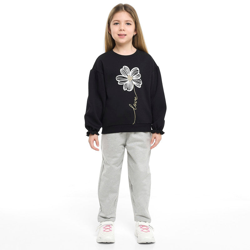 Girls Love Flower Fleece Tracksuit – Black & Grey 2-Piece Set