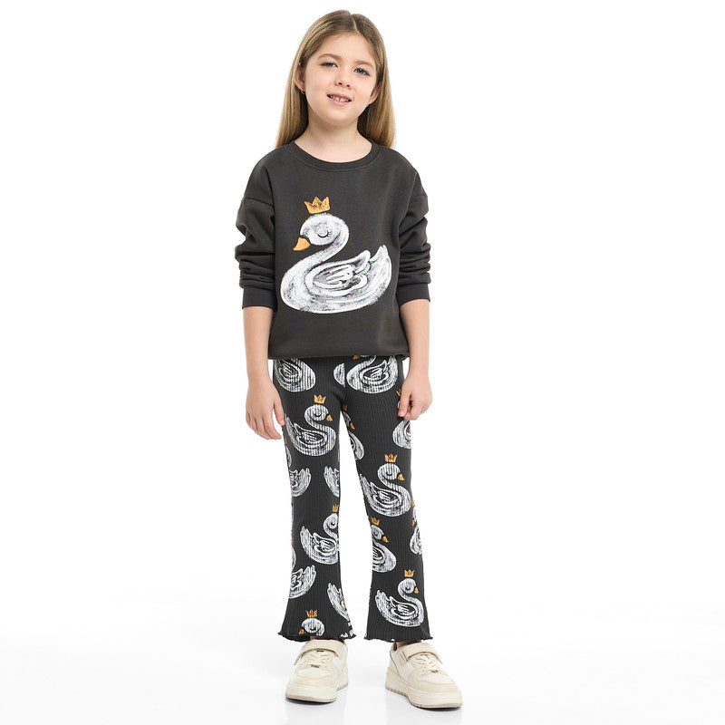 Girls Crowned Swan Fleece Tracksuit – Black 2-Piece Set
