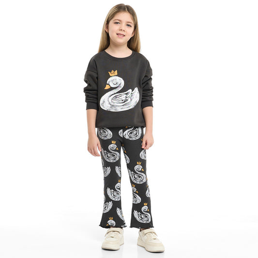 Girls Crowned Swan Fleece Tracksuit – Black 2-Piece Set