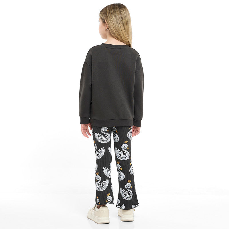 Girls Crowned Swan Fleece Tracksuit – Black 2-Piece Set