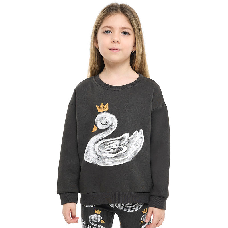 Girls Crowned Swan Fleece Tracksuit – Black 2-Piece Set