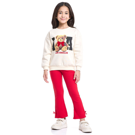Girls LA Teddy Fleece Tracksuit – Cream & Red 2-Piece Set