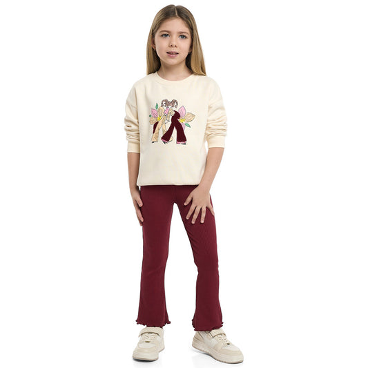 Girls Besties & Blooms Fleece Tracksuit – Cream & Plum 2-Piece Set