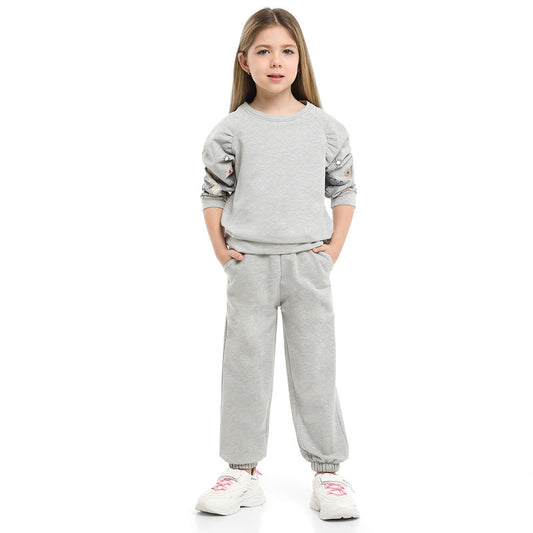Girls Floral Sleeve Fleece Tracksuit – Light Grey 2-Piece Set