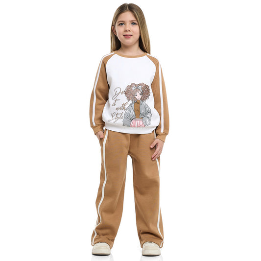 Girls Do It with Style Fleece Tracksuit – Cream & Brown 2-Piece Set