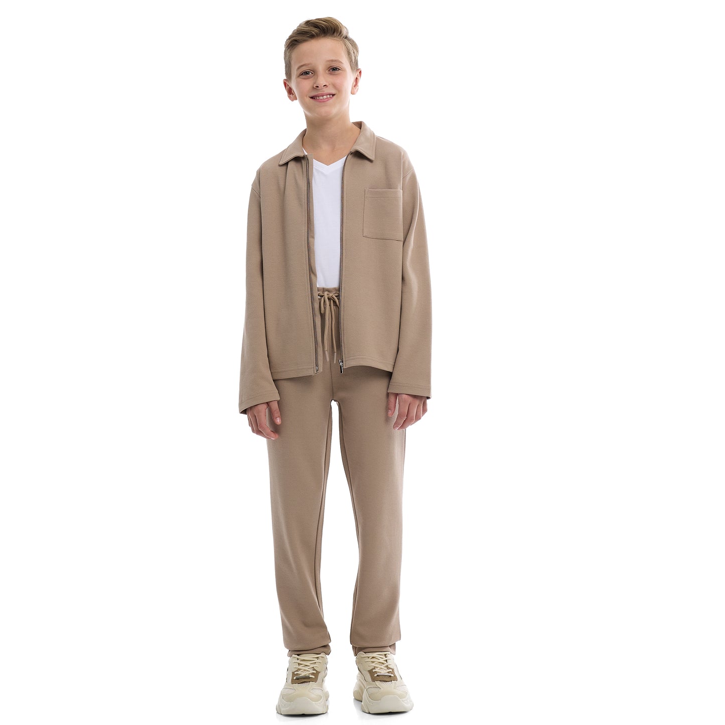 Boys Beige Twill Shirt-Style Co-Ord Set with Front Pockets & Zip Closure – Smart Casual Outfit