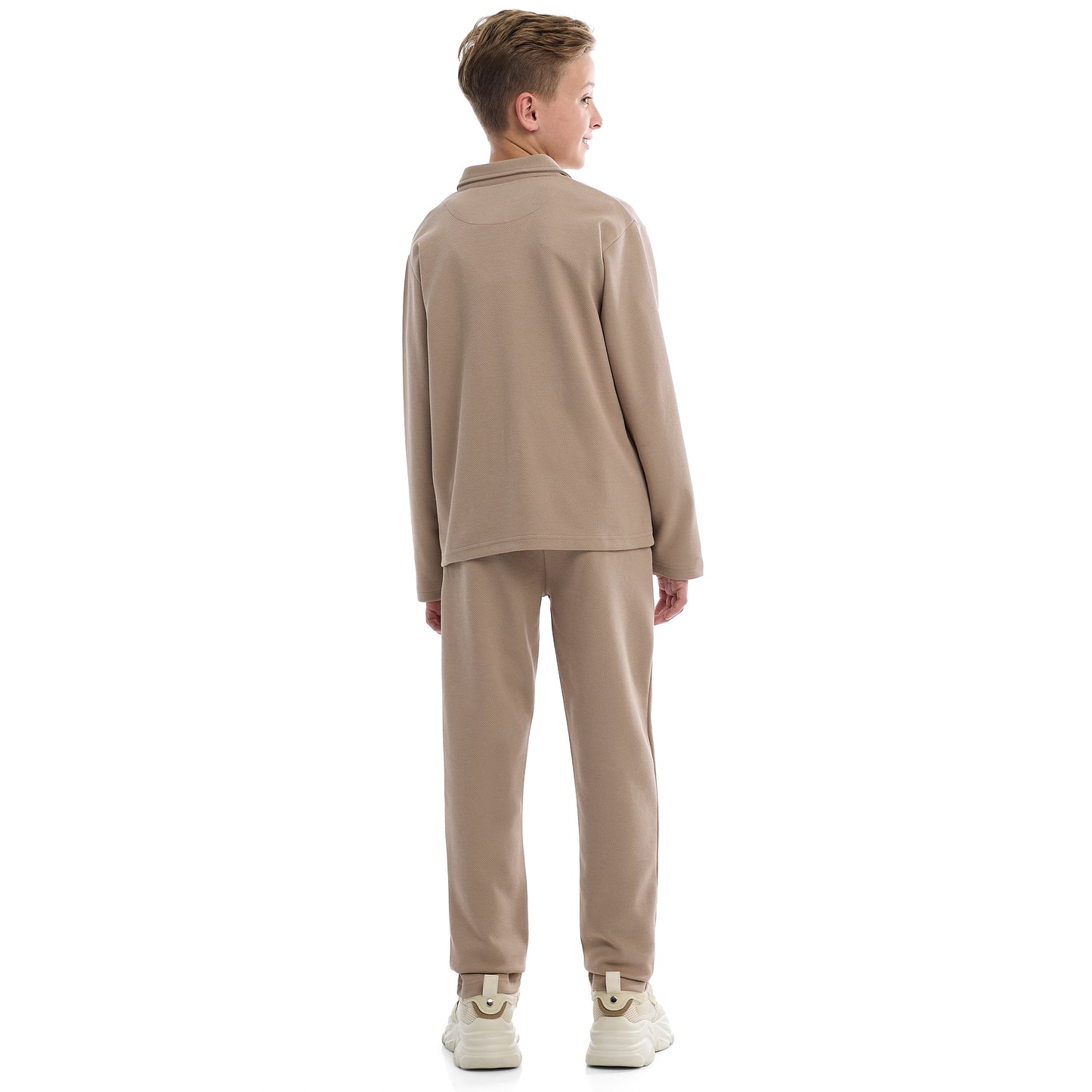 Boys Beige Twill Shirt-Style Co-Ord Set with Front Pockets & Zip Closure – Smart Casual Outfit