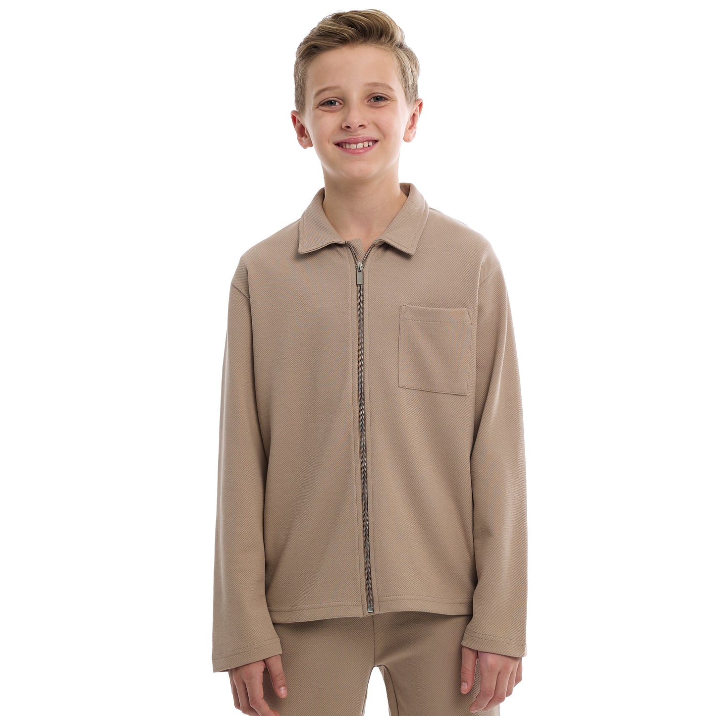 Boys Beige Twill Shirt-Style Co-Ord Set with Front Pockets & Zip Closure – Smart Casual Outfit