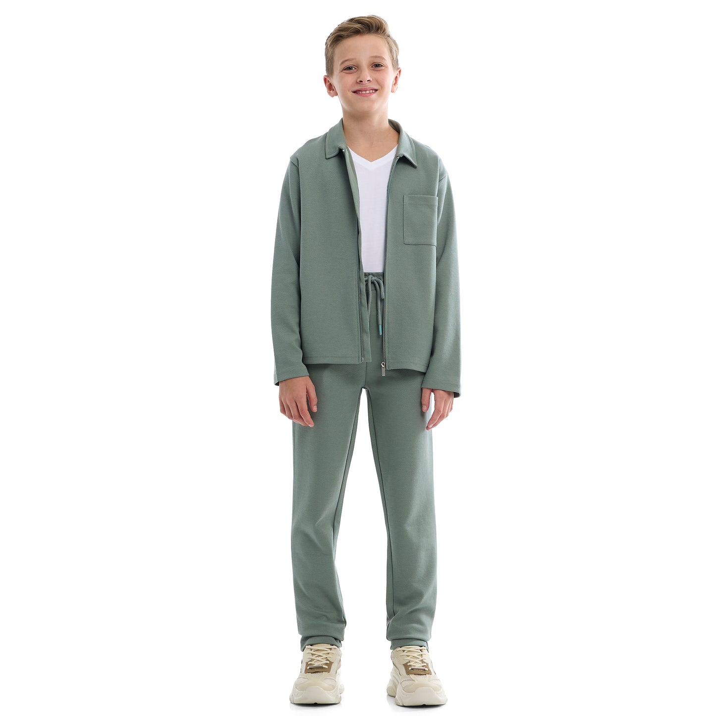 Boys Olive Green Twill Co-ord Set | Zipper Shirt & Jogger Pant | Kids Utility Style Outfit