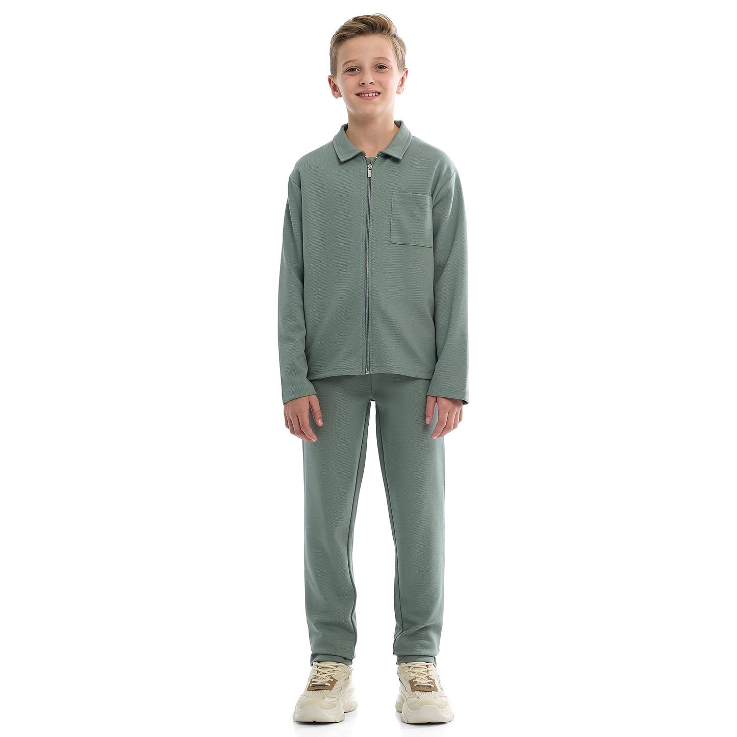 Boys Olive Green Twill Co-ord Set | Zipper Shirt & Jogger Pant | Kids Utility Style Outfit