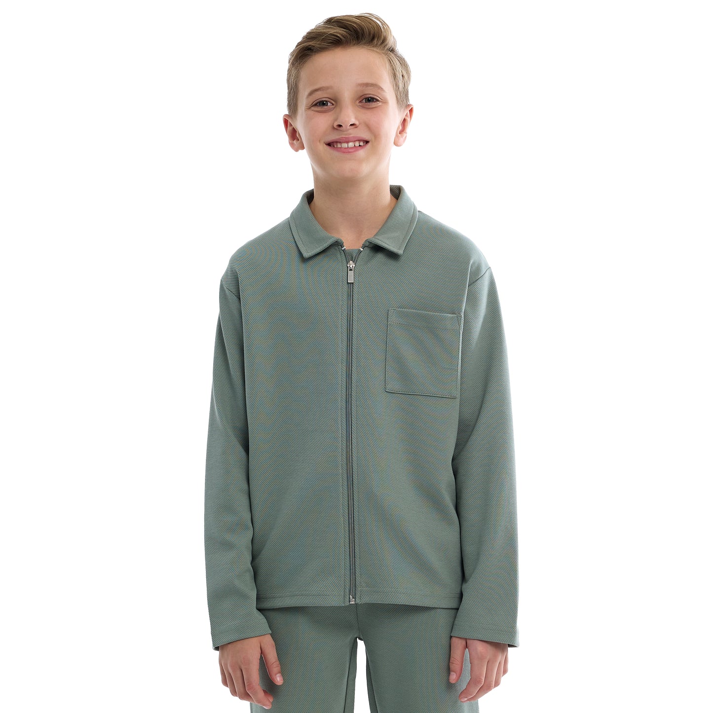 Boys Olive Green Twill Co-ord Set | Zipper Shirt & Jogger Pant | Kids Utility Style Outfit