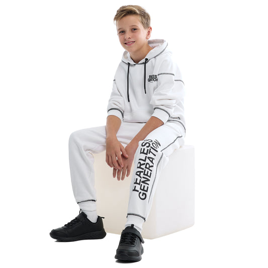 Boys Relaxed Fit Off-White Hoodie & Joggers Set |