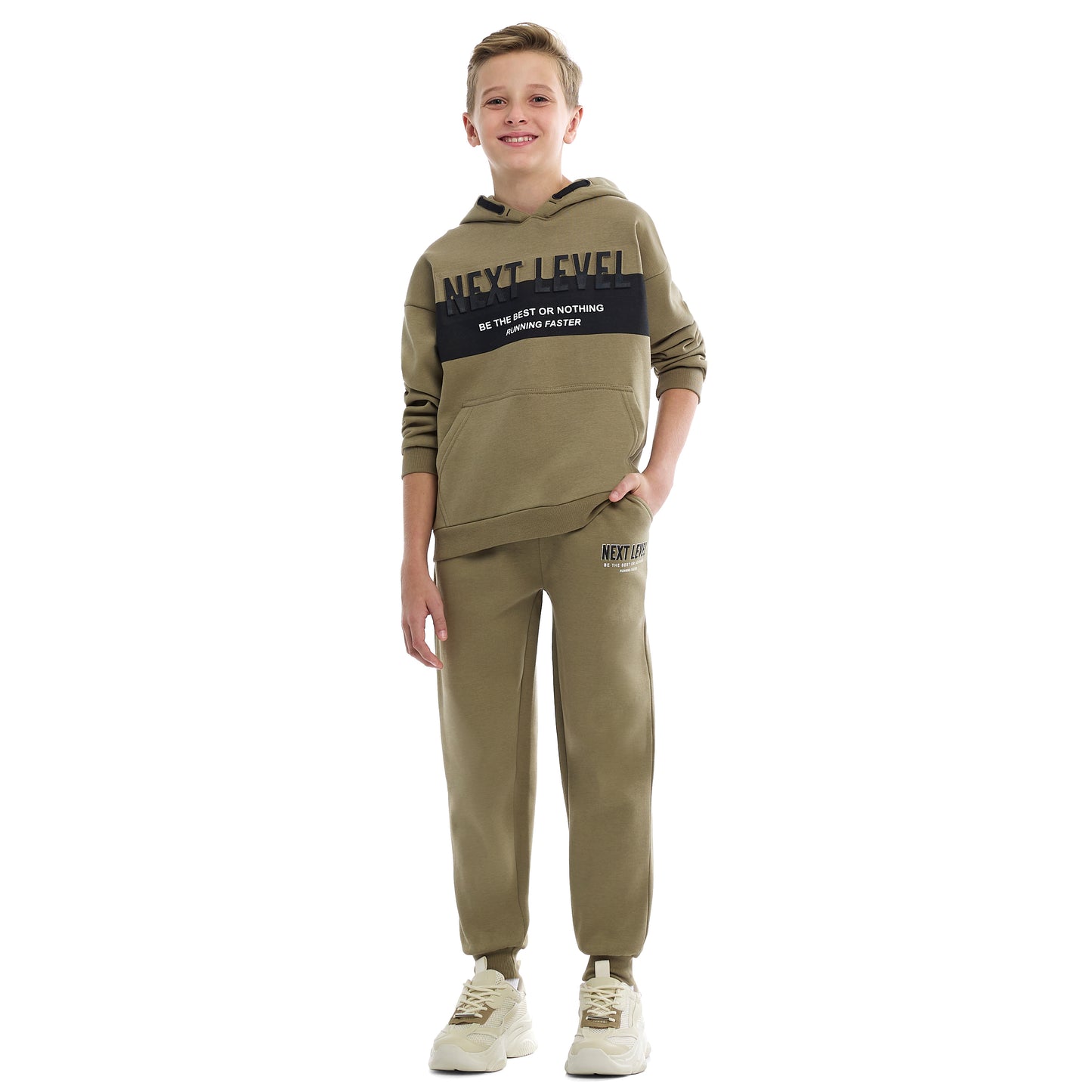 Boys Stylish Olive Green Pullover Hoodie with Kangaroo Pocket and Joggers