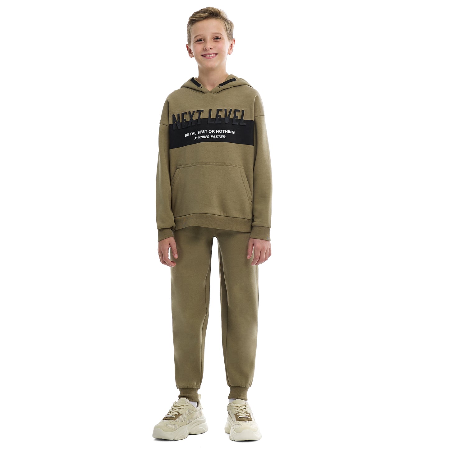 Boys Stylish Olive Green Pullover Hoodie with Kangaroo Pocket and Joggers