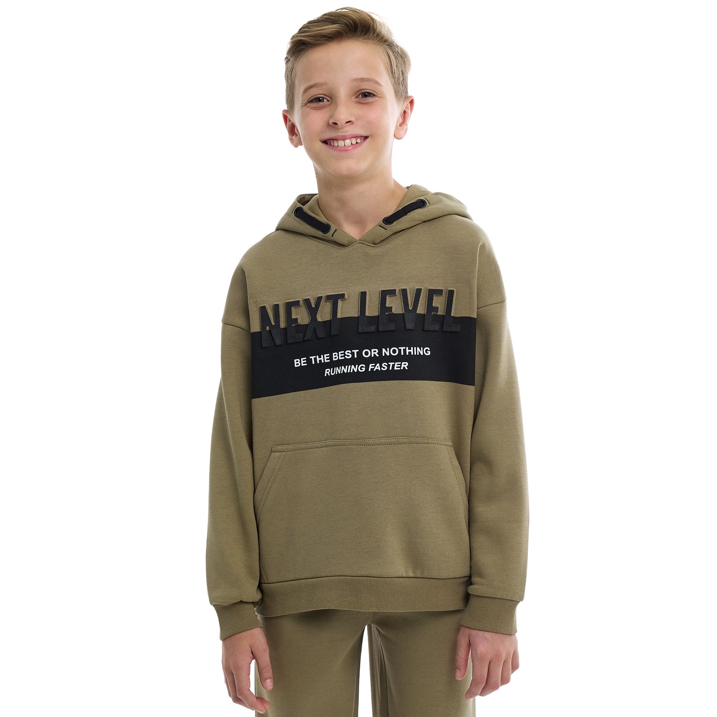 Boys Stylish Olive Green Pullover Hoodie with Kangaroo Pocket and Joggers