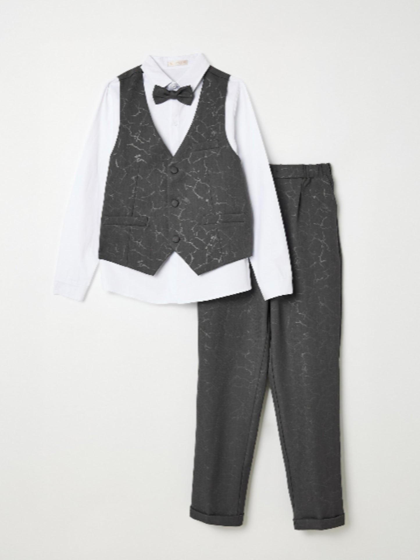 Boys 4 Pc Set Dark Grey Waistcoat, Shirt, Trousers & Bow Tie Set (3 Years–8 Years)