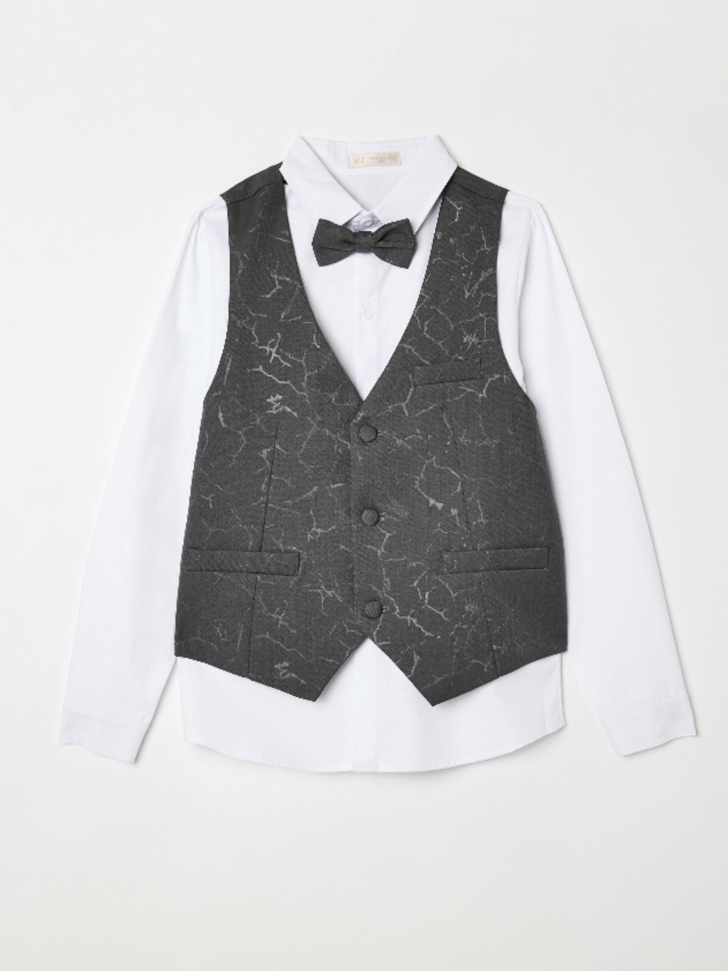 Boys 4 Pc Set Dark Grey Waistcoat, Shirt, Trousers & Bow Tie Set (3 Years–8 Years)