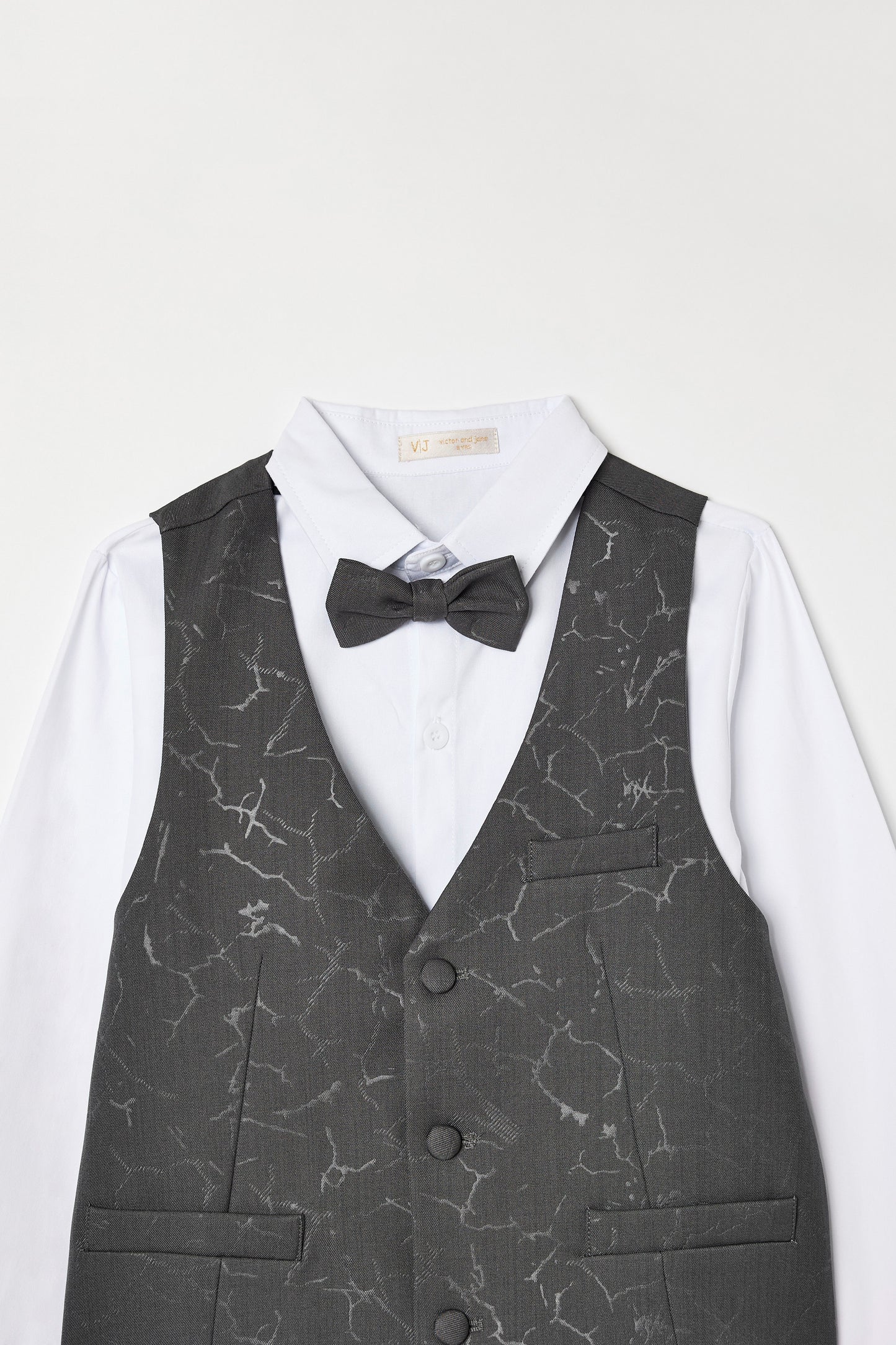 Boys 4 Pc Set Dark Grey Waistcoat, Shirt, Trousers & Bow Tie Set (3 Years–8 Years)