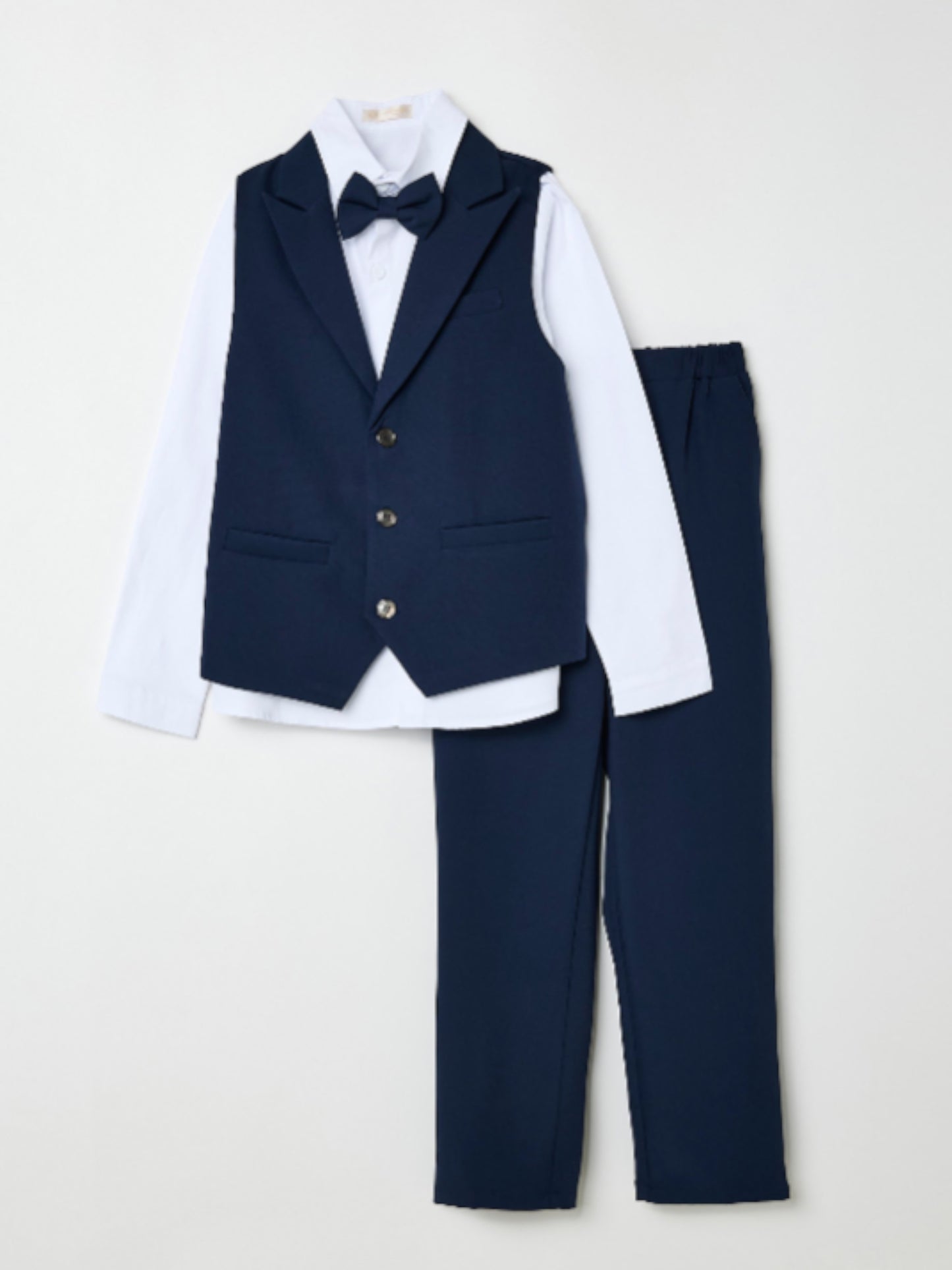Boys 4 Pc Set Blue Waistcoat, Shirt, Trousers & Bow Tie Set (3 Years–8 Years)