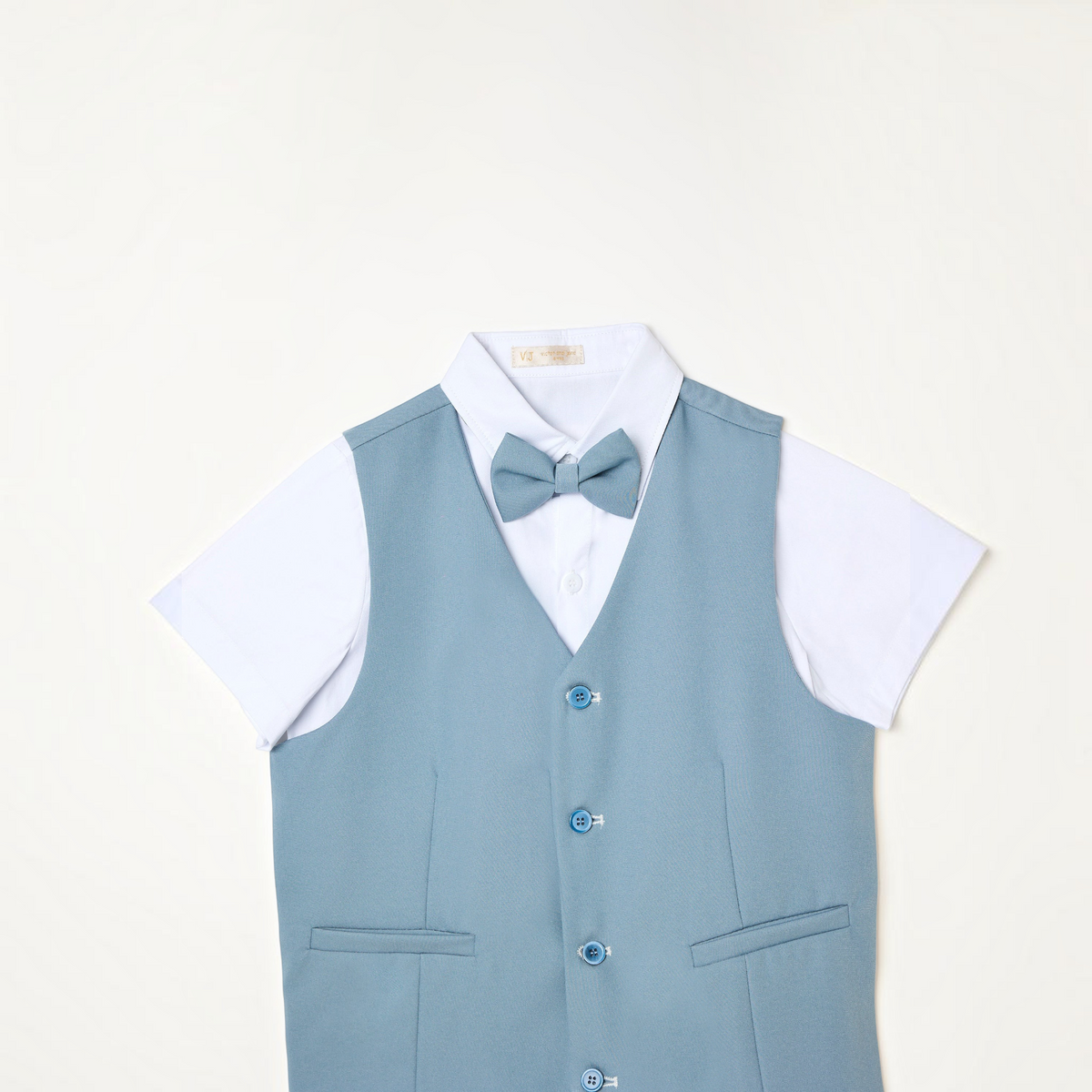 victor and jane boys 4-piece formal set featuring a dusty blue waistcoat, white short-sleeve shirt, and matching bow tie
